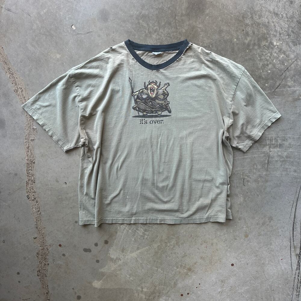 VTG No Boundaries Viking It's Over Graphic Tee Beige Distressed T-Shirt No Size